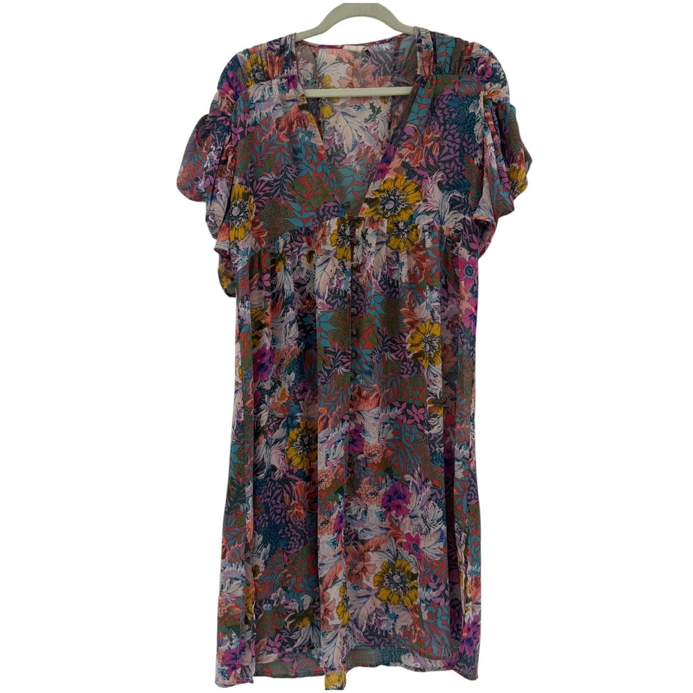 Anthropologie Akemi Kin Valencia Floral Dress V-Neck Button Front XS Multi-Color